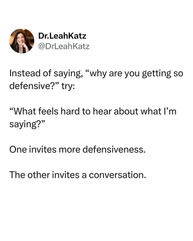 dr.leahkatz Instagram post about Reducing defensiveness in communication