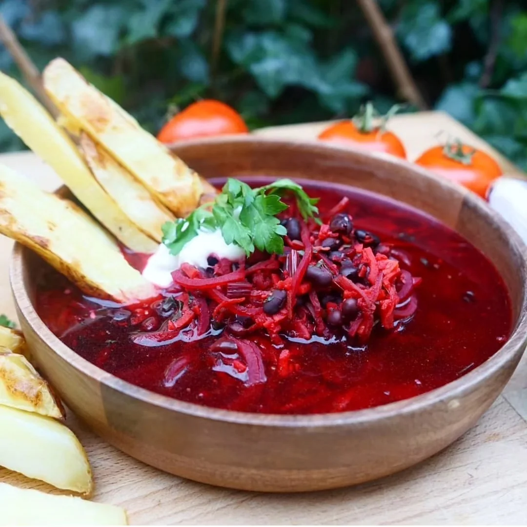 healthwithnora Instagram post about Beetroot and black bean soup