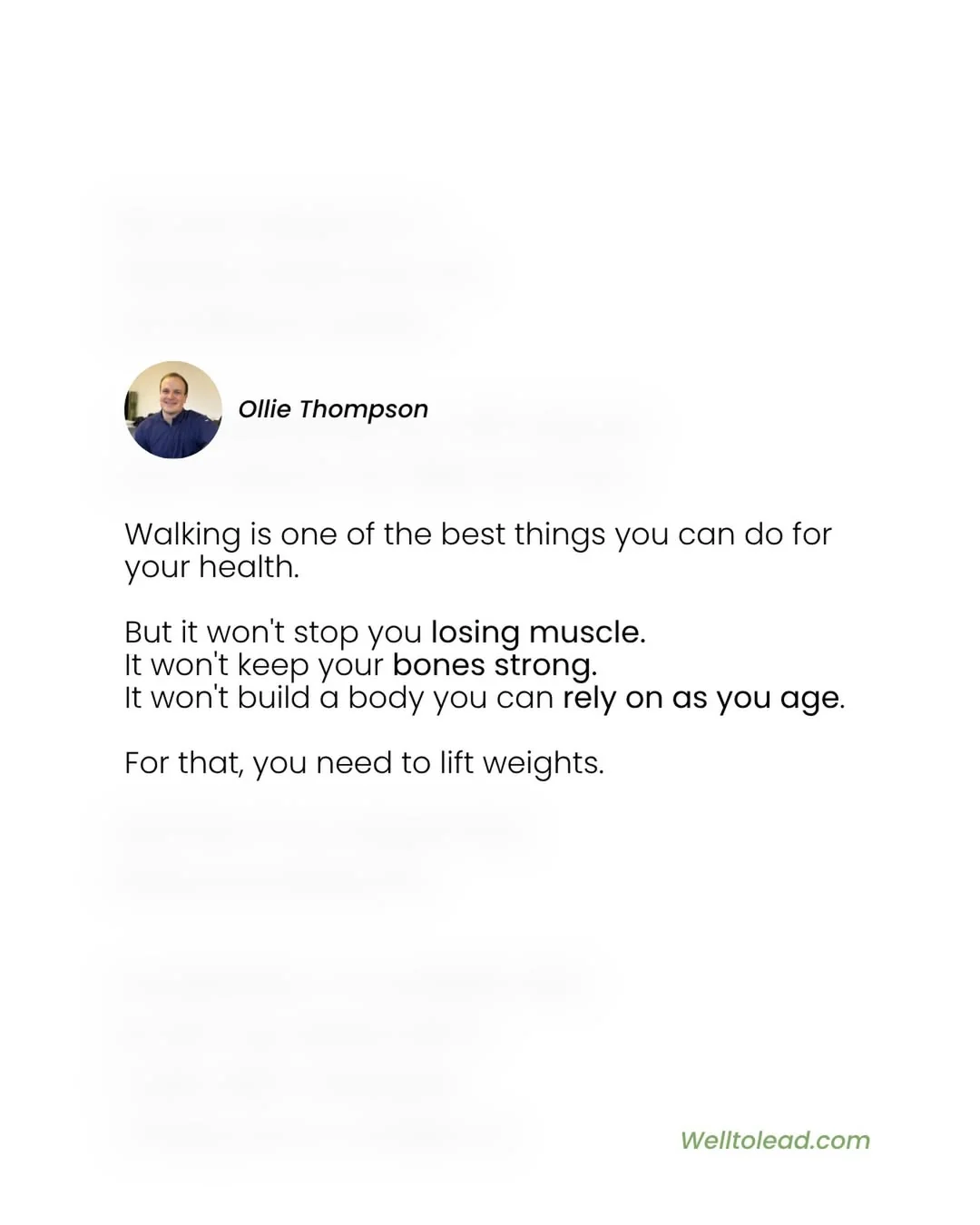 olliethompsonhealth Instagram post about Walking and resistance training